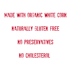 Sure! Here’s the rewritten sentence using your product data: Red text on white background reads: Made with organic white corn for our delicious Mi Niña Tortilla “Jalapeño Agave” Tortilla Chips. Naturally gluten free. No preservatives. No cholesterol. Comes in a 9 pack of 12 oz bags.