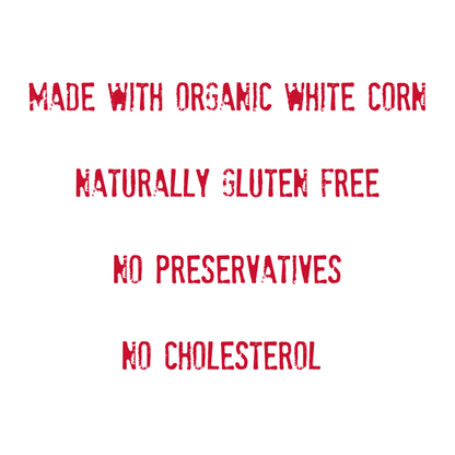 Sure! Here’s the rewritten sentence using your product data: Red text on white background reads: Made with organic white corn for our delicious Mi Niña Tortilla “Jalapeño Agave” Tortilla Chips. Naturally gluten free. No preservatives. No cholesterol. Comes in a 9 pack of 12 oz bags.