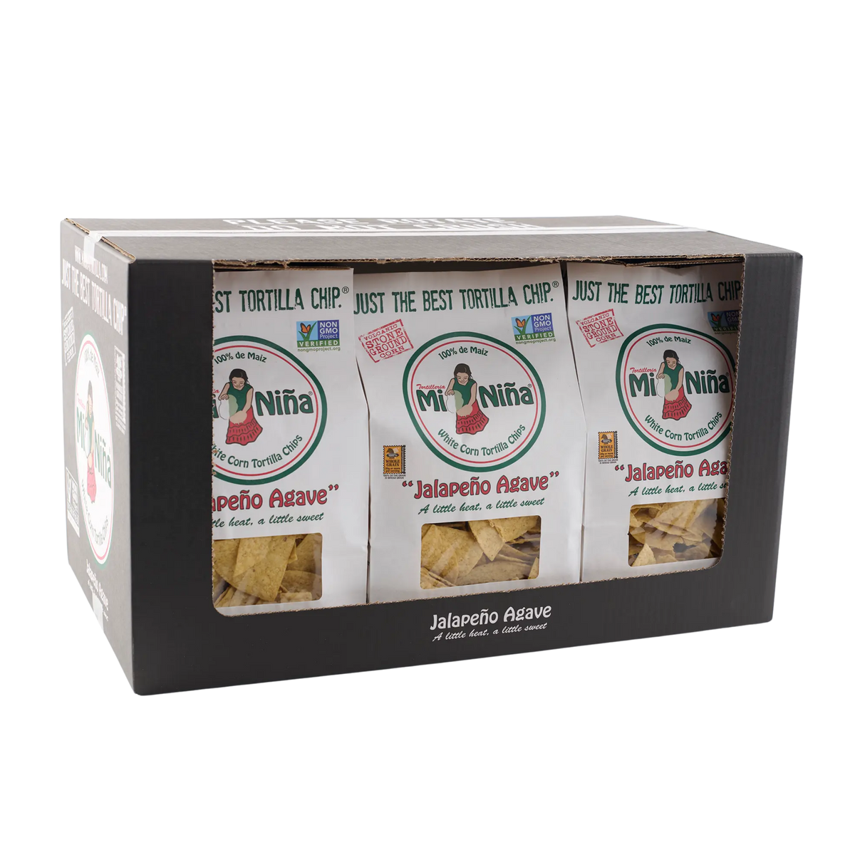 A box of Jalapeño Agave Tortilla Chip - 9 Pack / 12 oz by Mi Niña Tortilla, featuring white packaging with green and red accents and labeled A little heat. A little sweet.