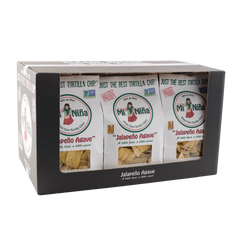 A box of Jalapeño Agave Tortilla Chip - 9 Pack / 12 oz by Mi Niña Tortilla, featuring white packaging with green and red accents and labeled A little heat. A little sweet.