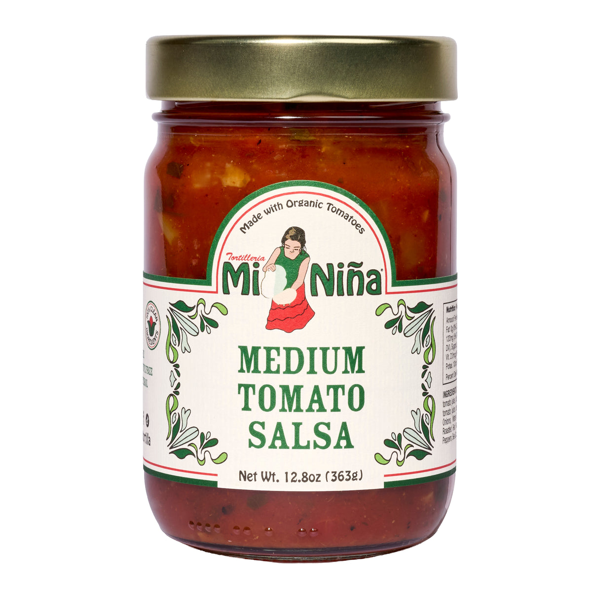 A 6 pack of Mi Niña Tortilla Medium Tomato Salsa (12.8 oz each) in glass jars with gold lids, featuring labels with a woman in traditional dress, green designs, and “Made with Organic Tomatoes.”.