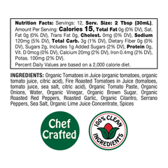 Here is a rewritten version of the sentence using your product data: A nutrition label for Mi Niña Tortilla Medium Tomato Salsa – 6 Pack / 12.8 oz highlights just 15 calories per serving, zero fat, and a list of all clean ingredients—ideal for crafting your favorite medium tomato salsa. Chef Crafted and 100% Clean Ingredients logos are featured at the bottom. Conveniently available as a 12.8 oz jar in a six-pack case.