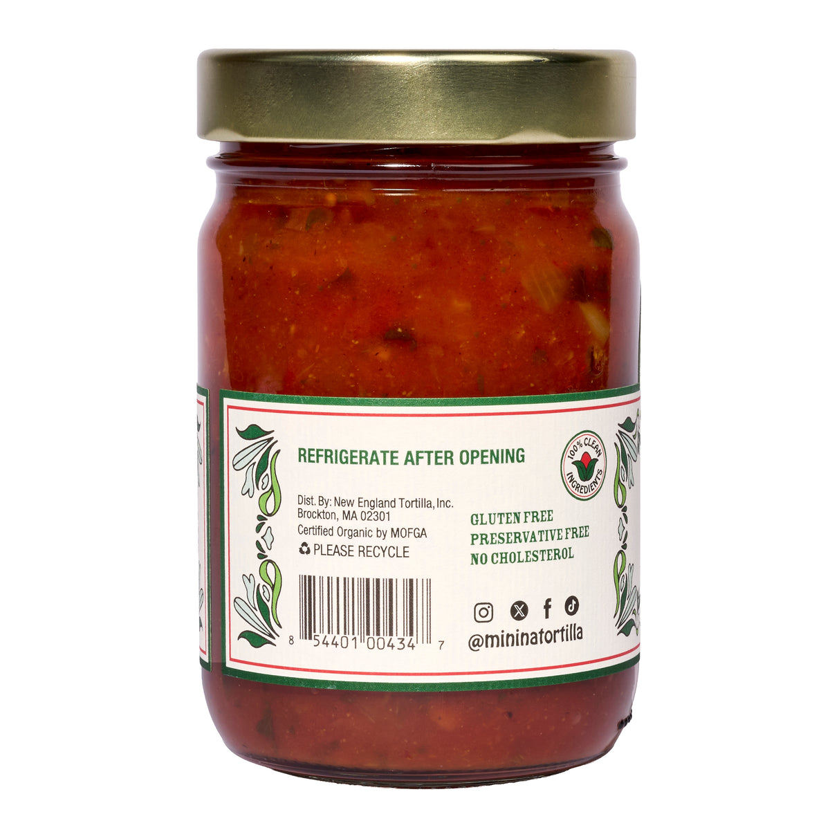Mi Niña Tortilla Medium Tomato Salsa comes in a 6 pack of 12.8 oz glass jars. The label notes "Refrigerate After Opening," is gluten free, preservative free, and cholesterol free. Certification and recycling icons are shown.