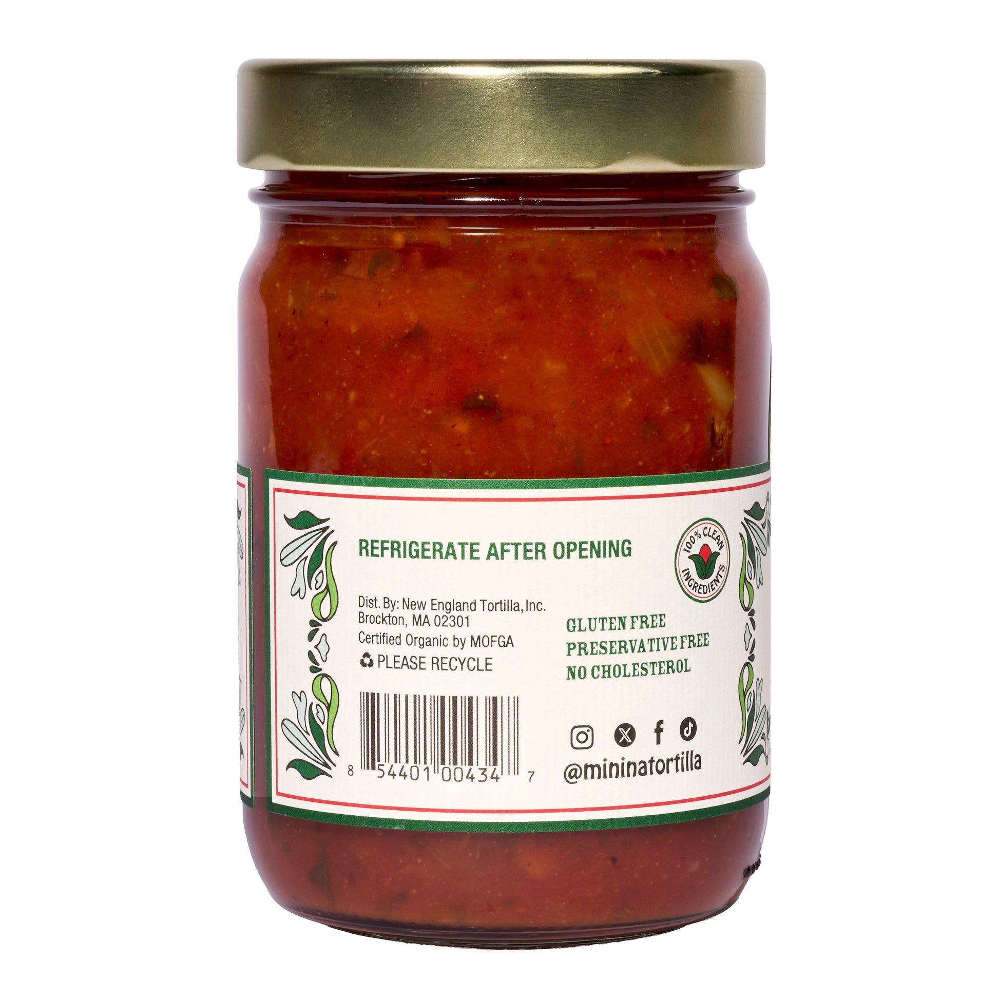 Mi Niña Tortilla Medium Tomato Salsa comes in a 6 pack of 12.8 oz glass jars. The label notes "Refrigerate After Opening," is gluten free, preservative free, and cholesterol free. Certification and recycling icons are shown.