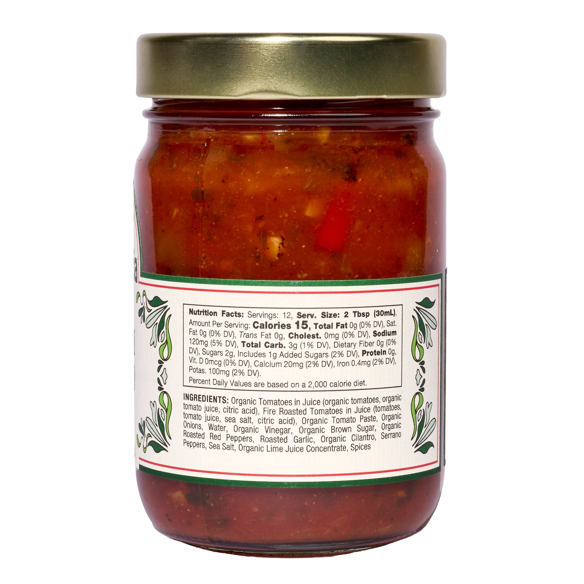 Mi Niña Tortilla Medium Tomato Salsa 6 Pack features 12.8 oz glass jars with gold lids, chunky red salsa, nutrition facts and ingredients on the label, accented by a green vine border.