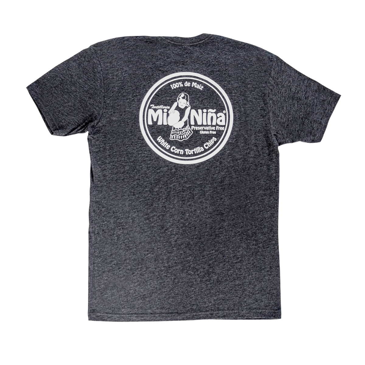 Unisex crew neck cotton t-shirt in heather gray featuring a circular white logo on the back with the text “Mi Niña, 100% de Maíz, Preservative Free, Stone Ground, Kettle Corn Tortilla Chips” and an image of a woman holding chips; by Mi Niña Tortilla.