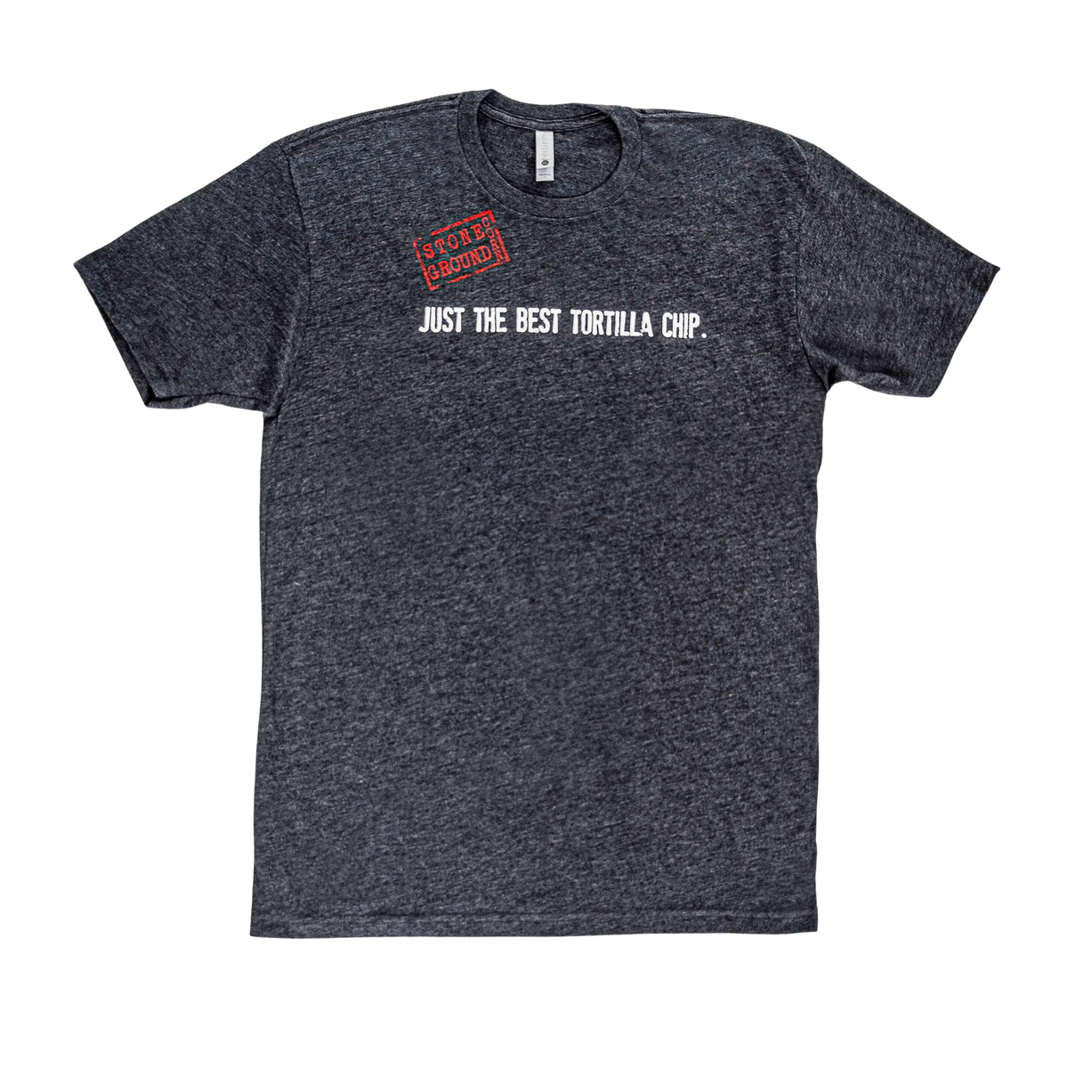 A Mi Niña Tortilla Unisex Crew Neck Cotton T-Shirt in dark gray, featuring white text that reads “Just the best tortilla chip.” and a red stamp-style “Siete Approved” graphic in the top left corner, shown laid flat against a plain white background.