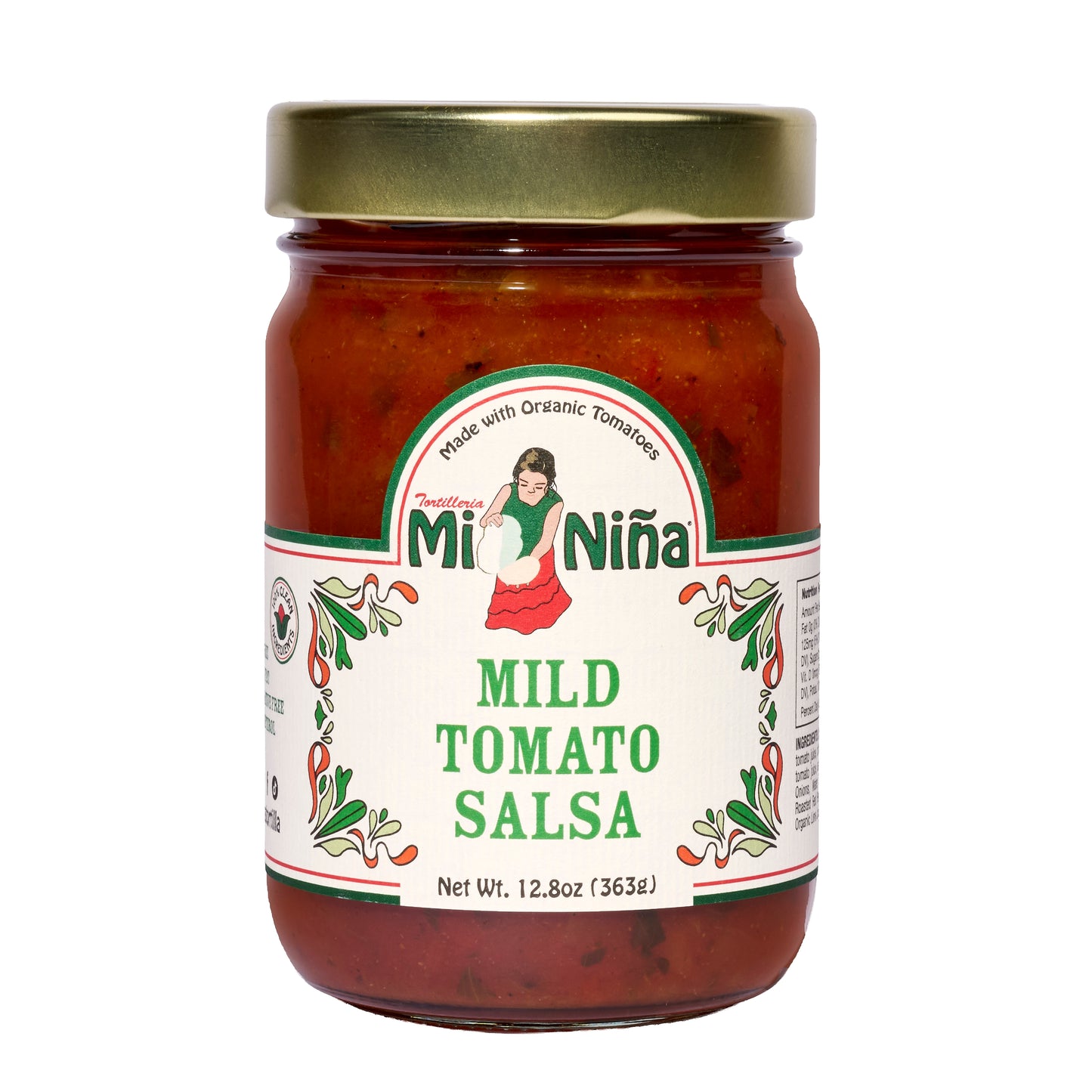 A 6 pack of Mi Niña Tortilla Mild Tomato Salsa, 12.8 oz each in glass jars with gold lids; the label shows a woman holding corn, chili peppers, and reads “Mild Tomato Salsa, Net Wt. 12.8 oz (363g).”.