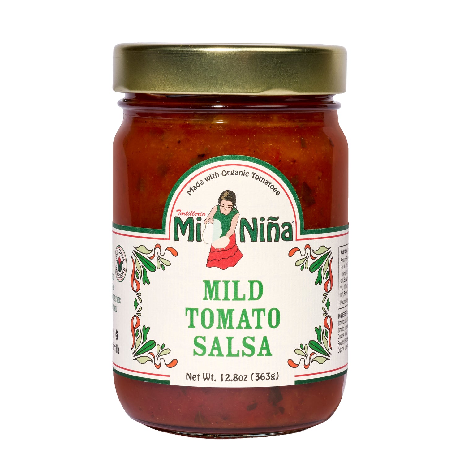 A 6 pack of Mi Niña Tortilla Mild Tomato Salsa, 12.8 oz each in glass jars with gold lids; the label shows a woman holding corn, chili peppers, and reads “Mild Tomato Salsa, Net Wt. 12.8 oz (363g).”.