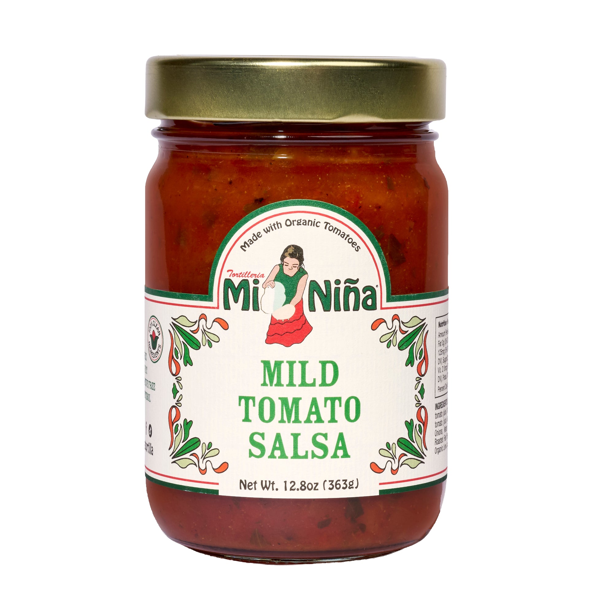 A 6 pack of Mi Niña Tortilla Mild Tomato Salsa, 12.8 oz each in glass jars with gold lids; the label shows a woman holding corn, chili peppers, and reads “Mild Tomato Salsa, Net Wt. 12.8 oz (363g).”.
