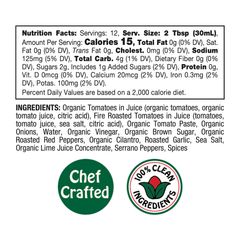Nutrition label for Mi Niña Tortilla Mild Tomato Salsa – 6 Pack / 12.8 oz. Highlights: 15 calories per serving, 0g fat, 150mg sodium, and 3g carbohydrates per 2 Tbsp. Features a Chef Crafted badge alongside another badge noting Serrano Pepper Ingredients. Available in a case of six, each jar contains 12.8 oz. The complete ingredients list is displayed on the label.
