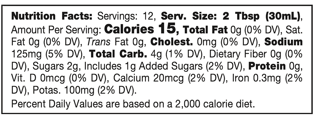 Nutrition facts for Mild Tomato Salsa – 6 Pack / 12.8 oz