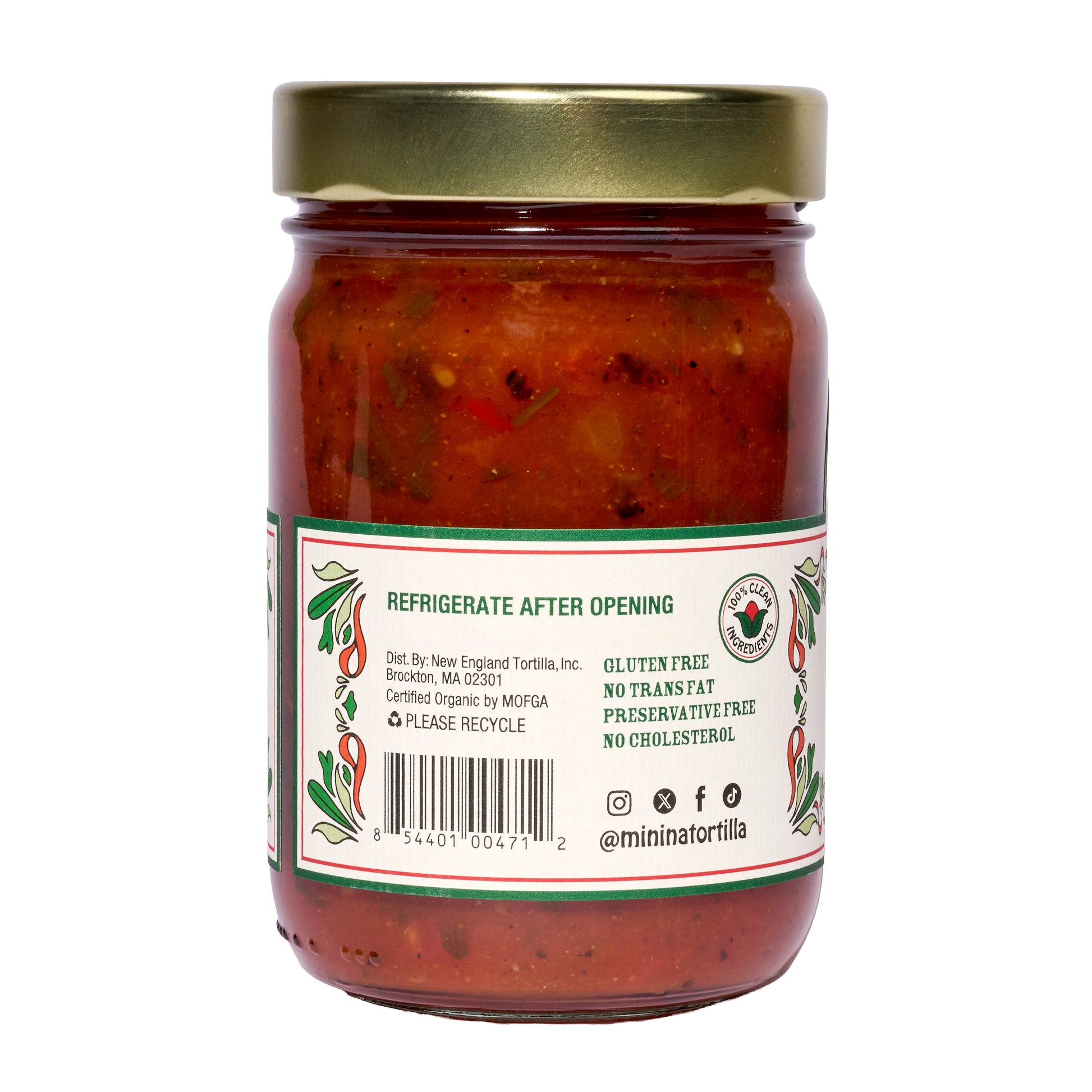 Mi Niña Tortilla Mild Tomato Salsa comes in a 6 pack of 12.8 oz clear glass jars with gold lids, featuring a label noting gluten free, no trans fat, preservative free, and no cholesterol. Refrigerate after opening.