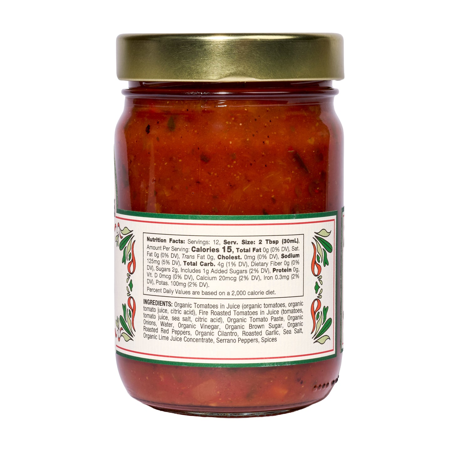 A 6-pack of Mi Niña Tortilla Mild Tomato Salsa in clear 12.8 oz glass jars, each topped with a gold lid and featuring green and red pepper graphics beside nutrition facts on the back label.