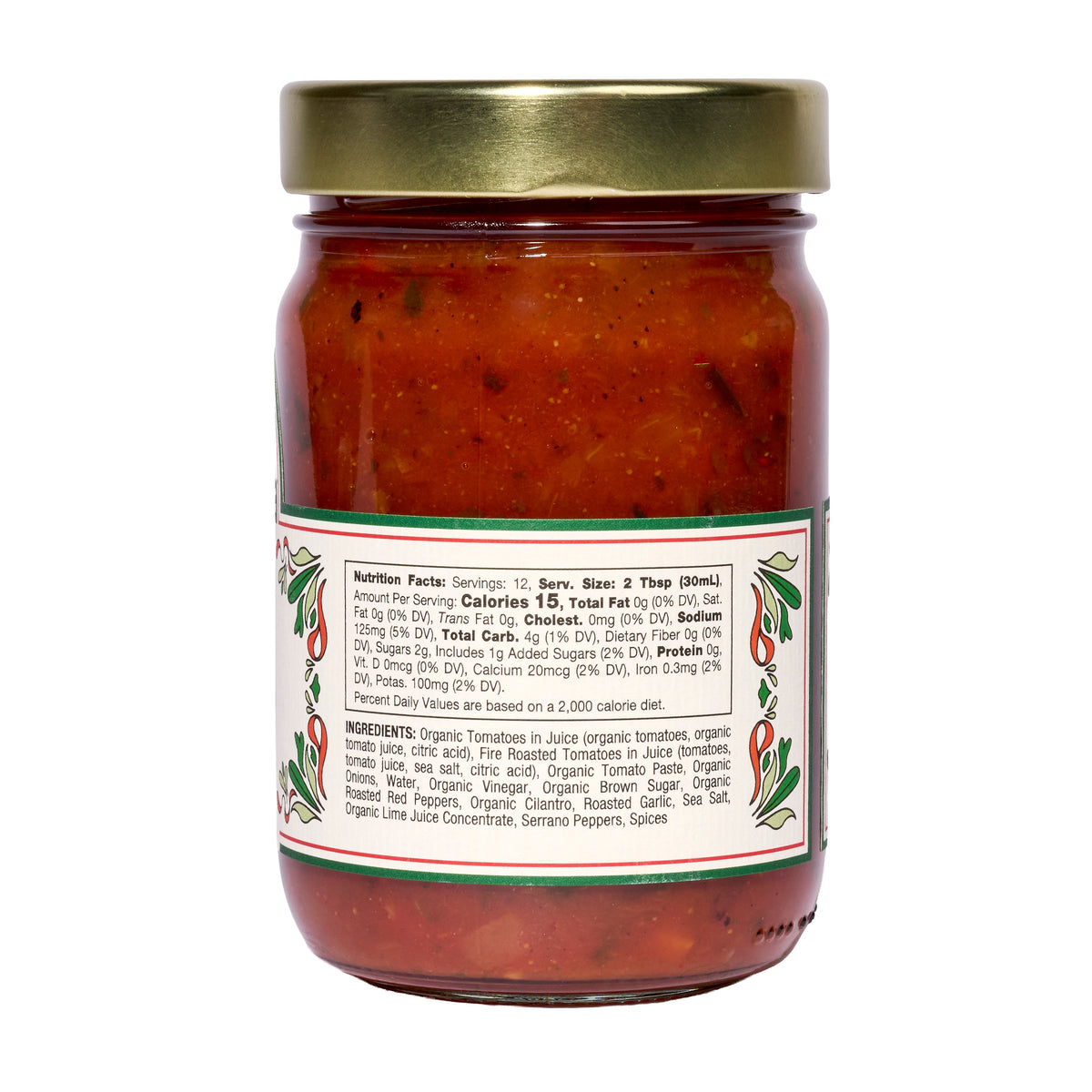 A 6-pack of Mi Niña Tortilla Mild Tomato Salsa in clear 12.8 oz glass jars, each topped with a gold lid and featuring green and red pepper graphics beside nutrition facts on the back label.