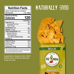 A bag of Mi Niña Tortilla Sea Salt Made with Olive Oil Tortilla Chips – 9 Pack / 10 oz is shown with chips spilling out, a nutrition facts label, ingredients list, and the text NATURALLY GOOD displayed on an olive green background.