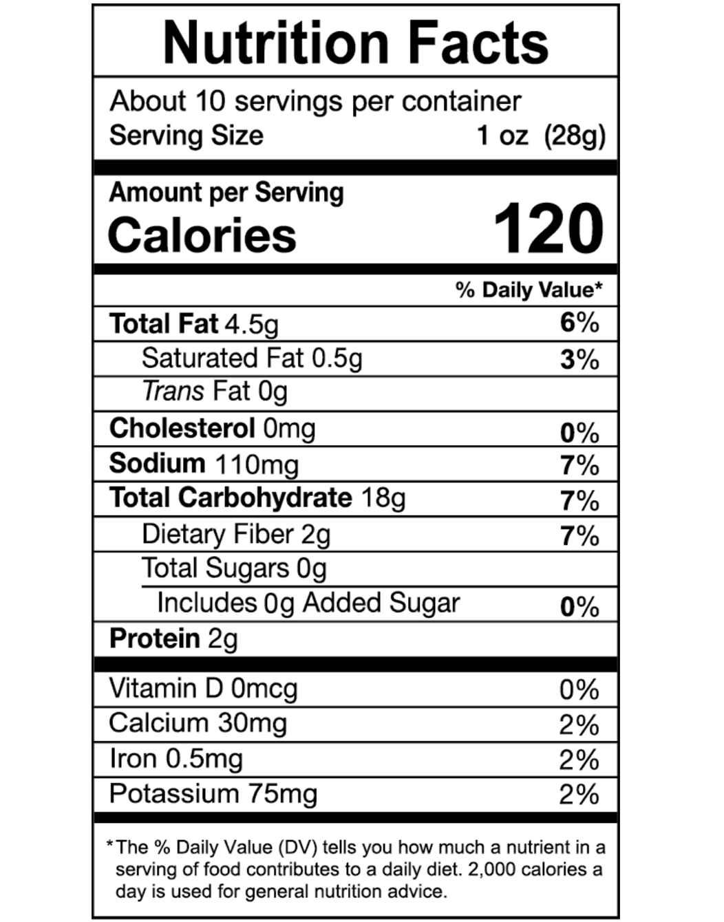 Nutrition facts for Sea Salt Made with Olive Oil Tortilla Chip – 9 Pack / 10 oz