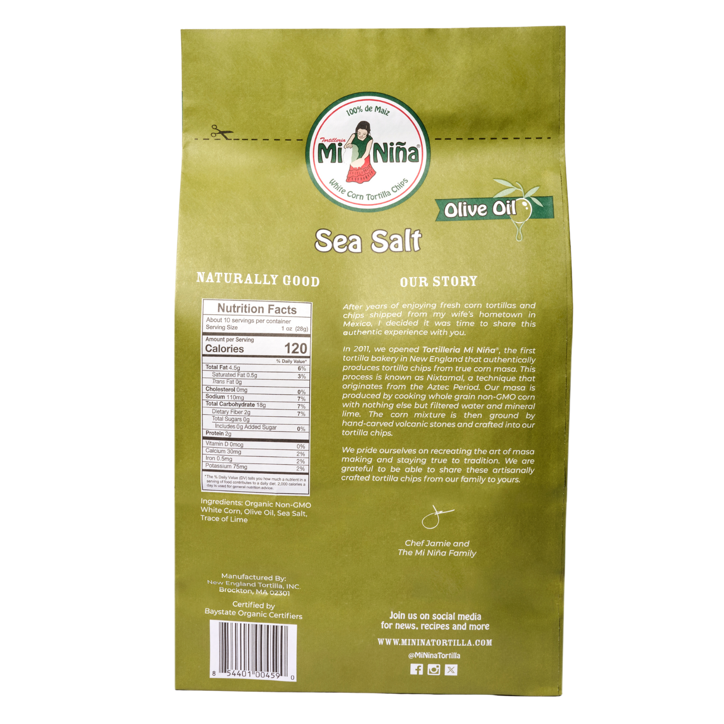Back of a Mi Niña Tortilla Sea Salt Made with Olive Oil Tortilla Chip (9 Pack / 10 oz) bag, showing brand logo, nutrition facts, ingredients, company story, and social media info on a beige background.
