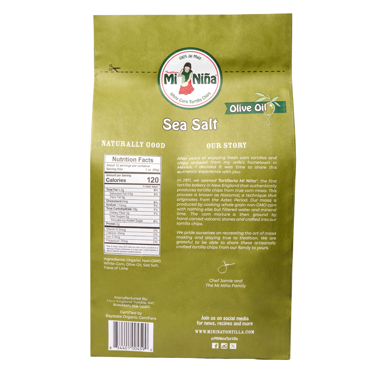 Back of a Mi Niña Tortilla Sea Salt Made with Olive Oil Tortilla Chip (9 Pack / 10 oz) bag, showing brand logo, nutrition facts, ingredients, company story, and social media info on a beige background.