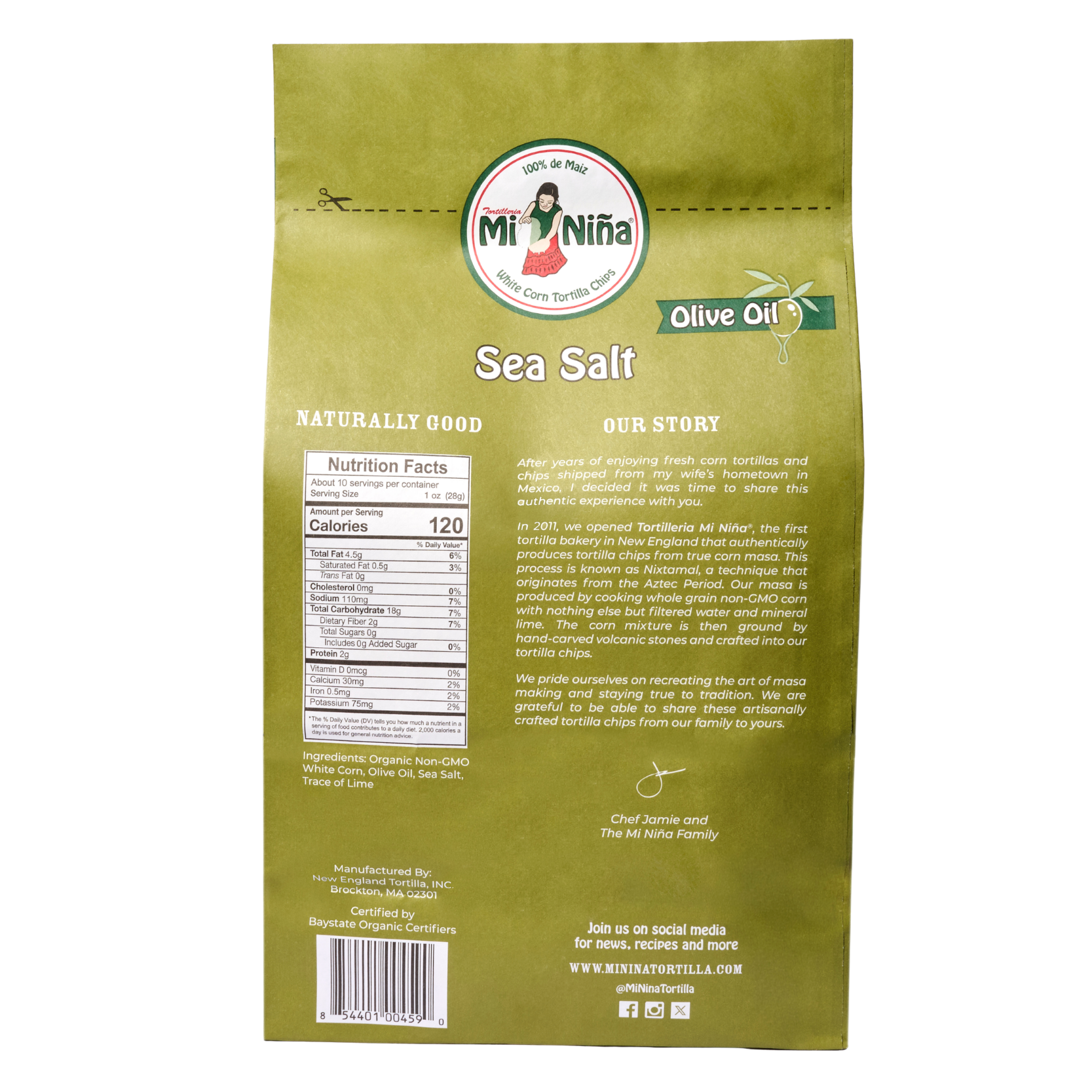 Back of a Mi Niña Tortilla Sea Salt Made with Olive Oil Tortilla Chip (9 Pack / 10 oz) bag, showing brand logo, nutrition facts, ingredients, company story, and social media info on a beige background.