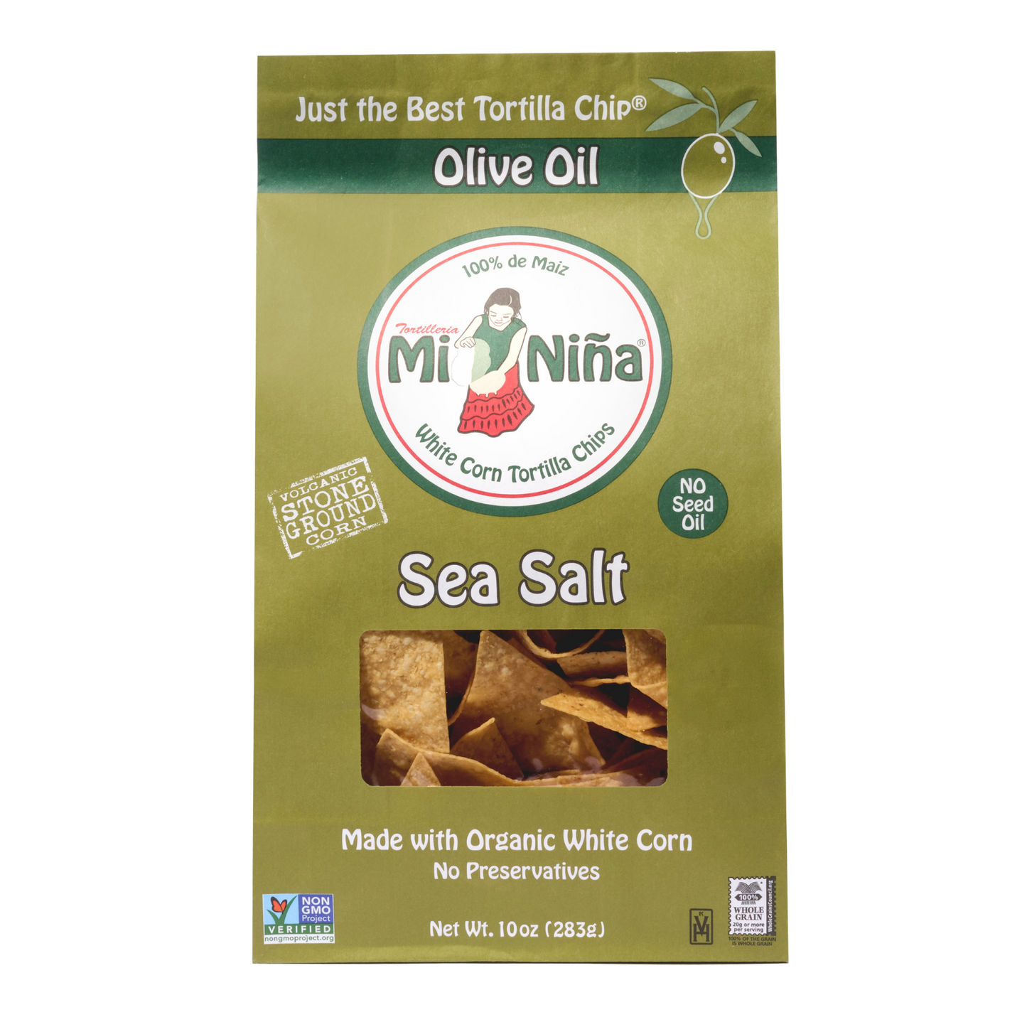 A green box of Mi Niña Tortilla Sea Salt Made with Olive Oil Tortilla Chips (9 Pack / 10 oz) displays chips through a clear window and features 100% de maíz, No Seed Oil, and Made with Organic White Corn.