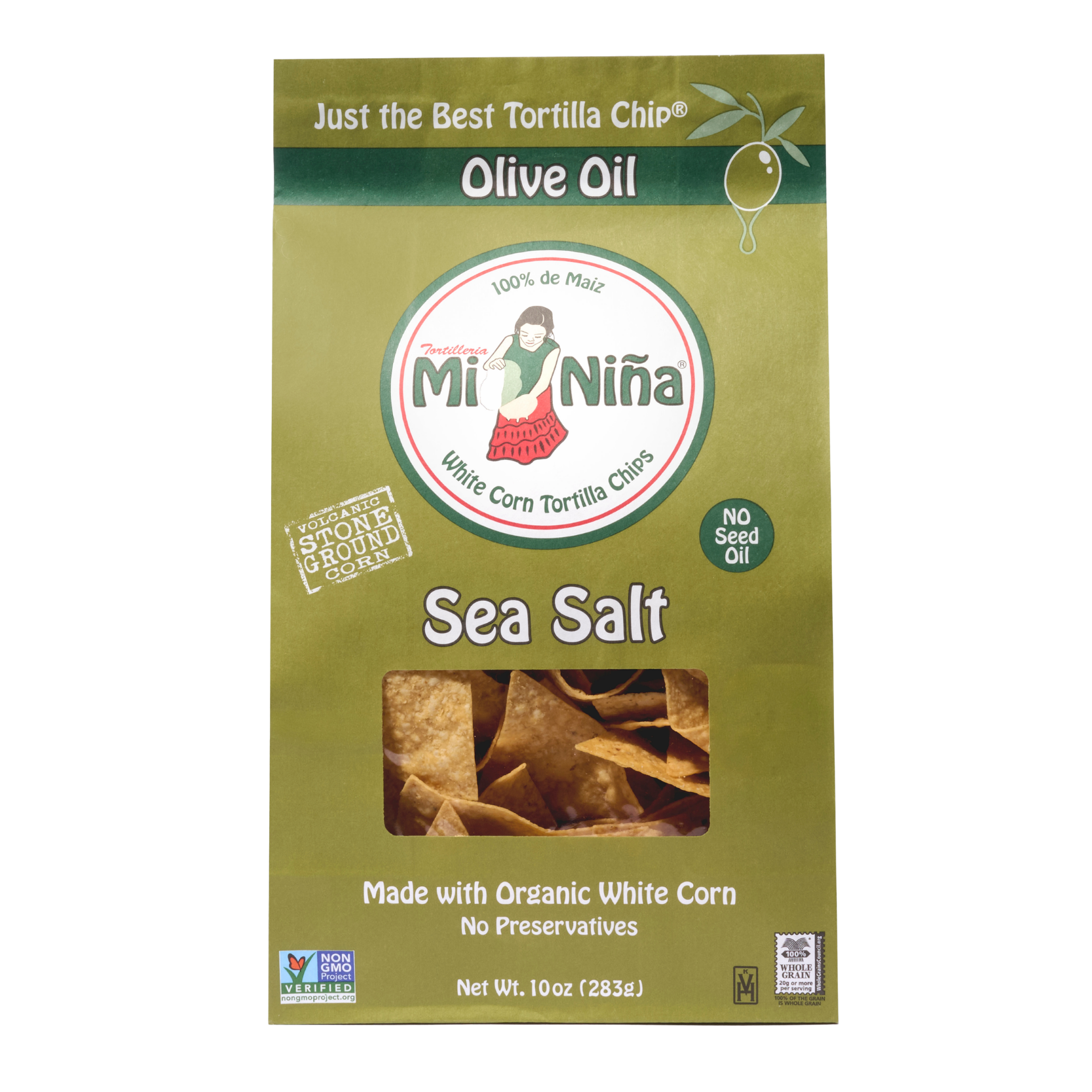 A green box of Mi Niña Tortilla Sea Salt Made with Olive Oil Tortilla Chips (9 Pack / 10 oz) displays chips through a clear window and features 100% de maíz, No Seed Oil, and Made with Organic White Corn.
