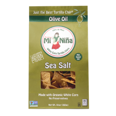 A green box of Mi Niña Tortilla Sea Salt Made with Olive Oil Tortilla Chips (9 Pack / 10 oz) displays chips through a clear window and features 100% de maíz, No Seed Oil, and Made with Organic White Corn.
