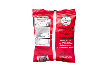 Back of a red 1.5 oz Mi Niña Tortilla “Pico de Gallo” chip bag with nutrition facts, barcode, round green and white logo, brand description, and other flavor listings like White Corn Tortilla Chip. Sold as 24-pack.