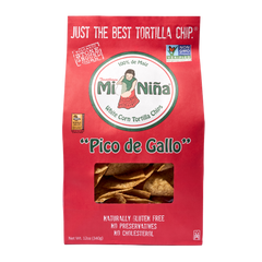 Red bag of Mi Niña Tortilla Pico de Gallo Tortilla Chips with a clear window showing the white corn tortilla chips inside.