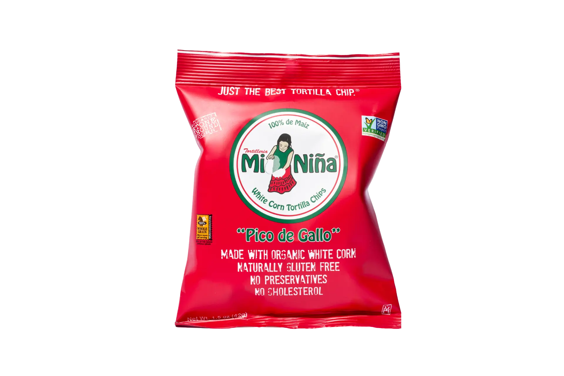 A 1.5 oz bag of Mi Niña Tortilla “Pico de Gallo” chips, made with organic white corn, gluten-free, no preservatives or cholesterol; features a red bag with a girl logo. Available in 24 packs.