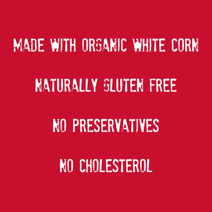 White text on a red background reads: Made with organic white corn. Naturally gluten free “Pico de Gallo” Tortilla Chip by Mi Niña Tortilla. No preservatives. No cholesterol. Available in a 12 oz bag (9 pack)—perfect for pairing with your favorite Pico de Gallo.
