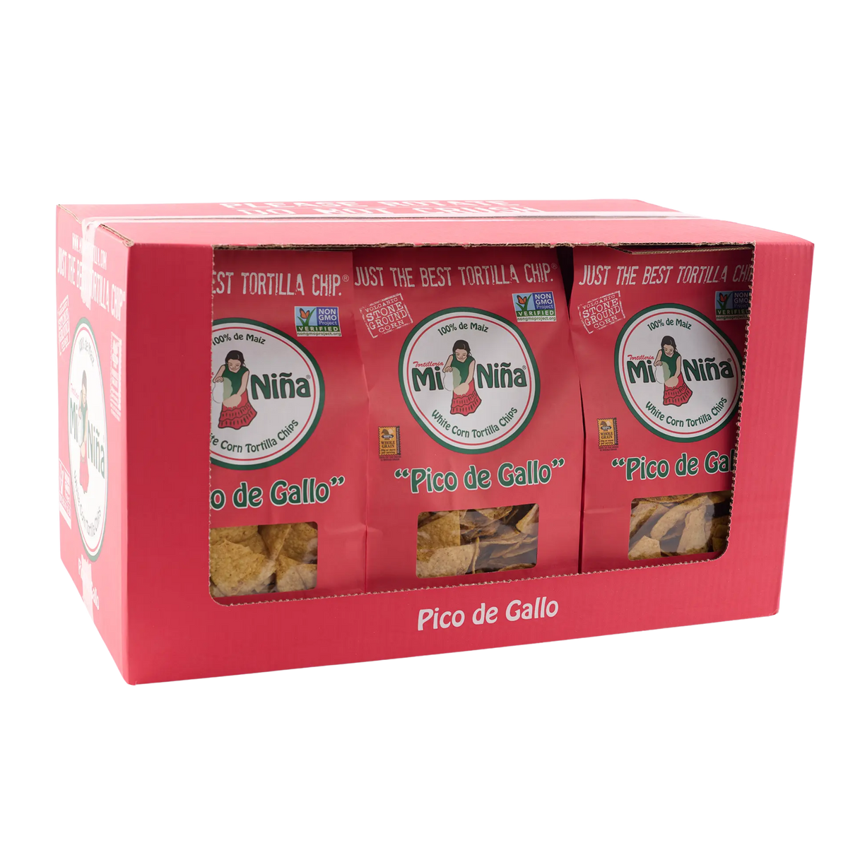 A red cardboard display box containing three party snack bags of Mi Niña Tortilla Pico de Gallo Tortilla Chips – 12 oz Bags (9-Pack) white corn tortilla chips.