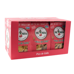 A red cardboard display box containing three party snack bags of Mi Niña Tortilla Pico de Gallo Tortilla Chips – 12 oz Bags (9-Pack) white corn tortilla chips.