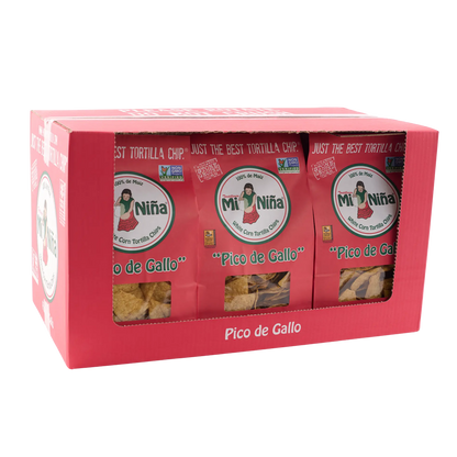 A red box of Mi Niña Tortilla Pico de Gallo Tortilla Chip - 9 Pack / 12 oz holds three visible snack bags, each displaying the Mi Niña logo and white corn tortilla chips through a clear window.