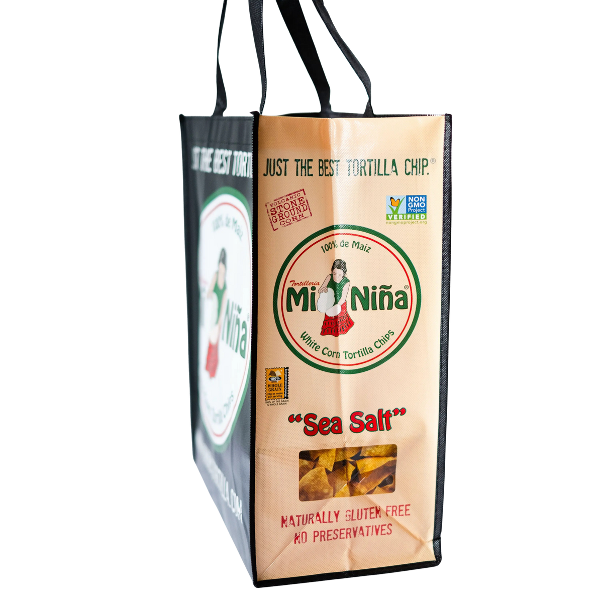 Reusable Tote Bag featuring Mi Niña Tortilla branding, gluten-free and non-GMO labels, and an illustration of a girl in traditional dress.