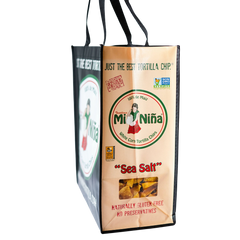 Reusable Tote Bag featuring Mi Niña Tortilla branding, gluten-free and non-GMO labels, and an illustration of a girl in traditional dress.