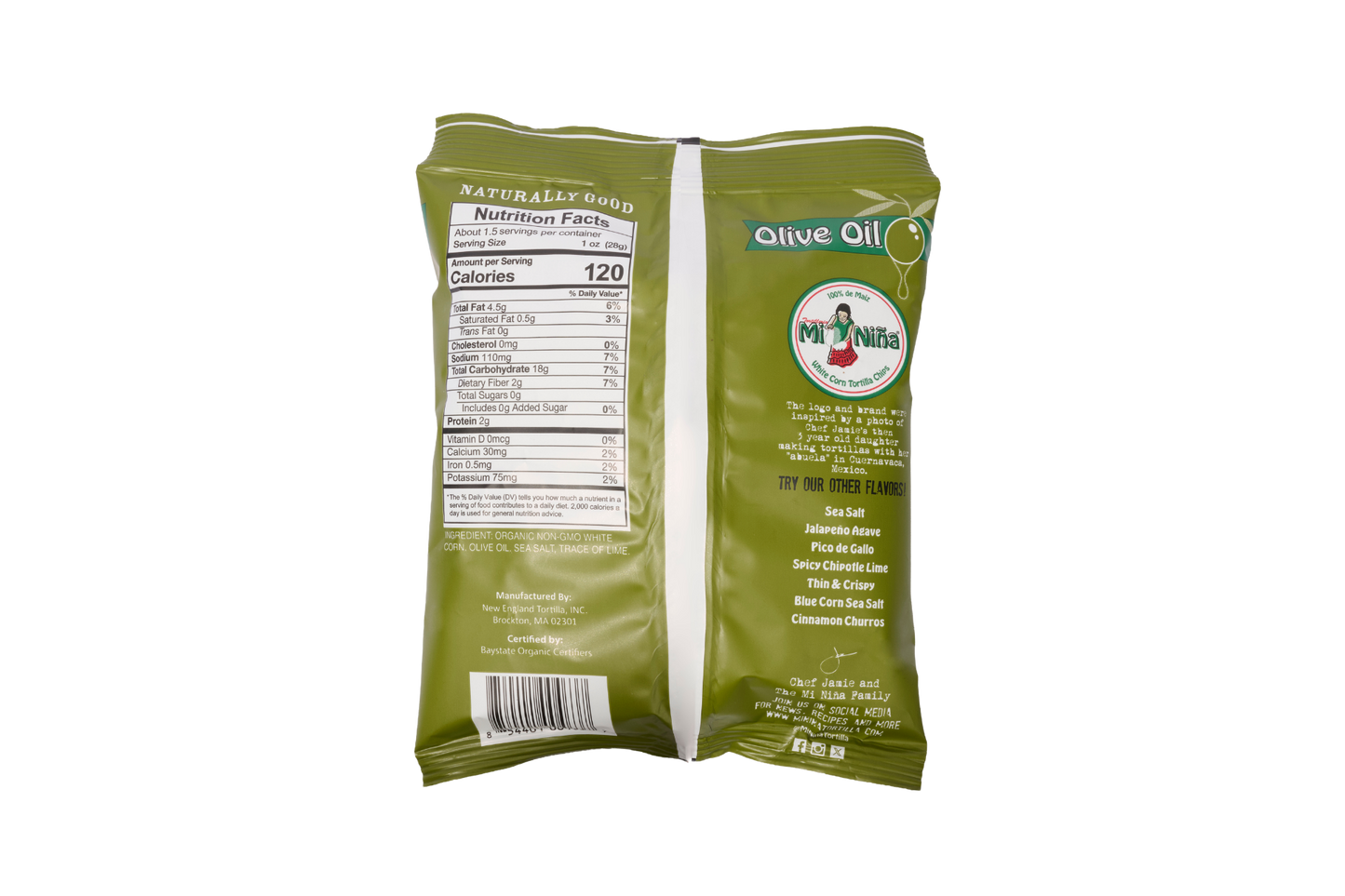 Back of a green snack bag displaying nutrition facts on the left, the Mi Niña Tortilla logo in the center, and ingredients plus product information on the right. The bag prominently highlights Olive Oil at the top right and showcases delicious Sea Salt Made with Olive Oil white corn tortilla chips for a flavorful crunch. This is for the 24 Pack / 1.5 oz size.