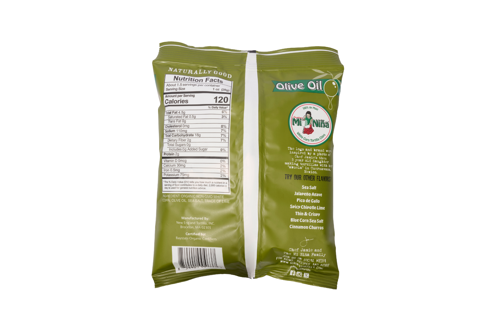 Back of a green snack bag displaying nutrition facts on the left, the Mi Niña Tortilla logo in the center, and ingredients plus product information on the right. The bag prominently highlights Olive Oil at the top right and showcases delicious Sea Salt Made with Olive Oil white corn tortilla chips for a flavorful crunch. This is for the 24 Pack / 1.5 oz size.