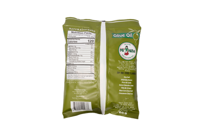 Back of a green snack bag displaying nutrition facts on the left, the Mi Niña Tortilla logo in the center, and ingredients plus product information on the right. The bag prominently highlights Olive Oil at the top right and showcases delicious Sea Salt Made with Olive Oil white corn tortilla chips for a flavorful crunch. This is for the 24 Pack / 1.5 oz size.