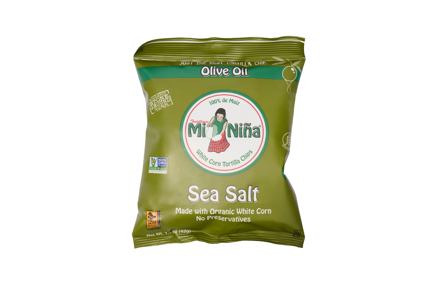 A green bag of Mi Niña Tortilla Sea Salt Made with Olive Oil chips (24 Pack / 1.5 oz), crafted from organic white corn and free from preservatives for a deliciously crisp texture. The package features a cartoon woman and displays various certifications.