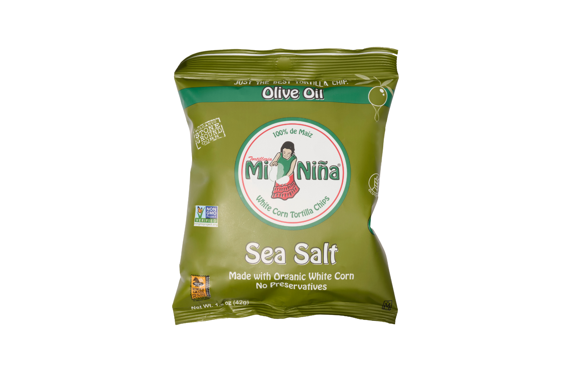 A green bag of Mi Niña Tortilla Sea Salt Made with Olive Oil chips (24 Pack / 1.5 oz), crafted from organic white corn and free from preservatives for a deliciously crisp texture. The package features a cartoon woman and displays various certifications.