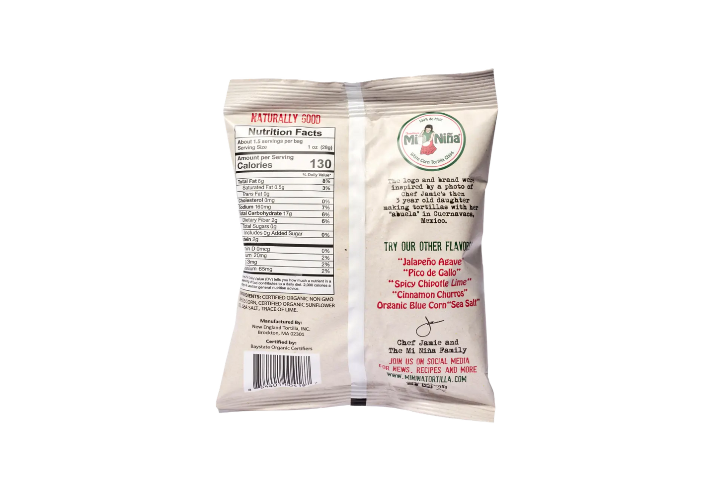 Back of a Mi Niña Tortilla Organic “Sea Salt” White Corn Tortilla Chip 24 Pack/1.5 oz bag with nutrition facts, product details, barcode, and other sea salt flavor varieties shown on a white background.