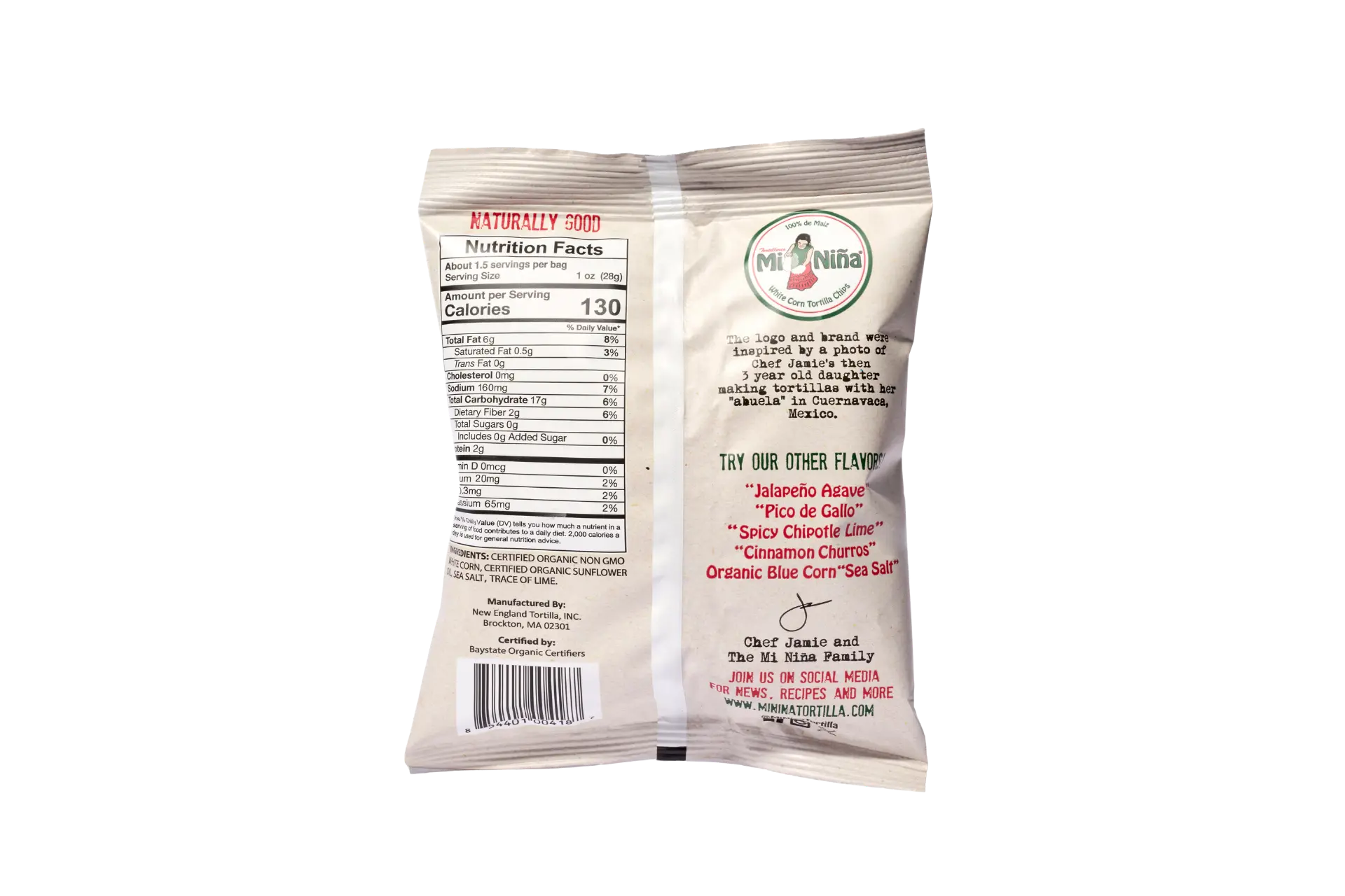 Back of a Mi Niña Tortilla Organic “Sea Salt” White Corn Tortilla Chip 24 Pack/1.5 oz bag with nutrition facts, product details, barcode, and other sea salt flavor varieties shown on a white background.