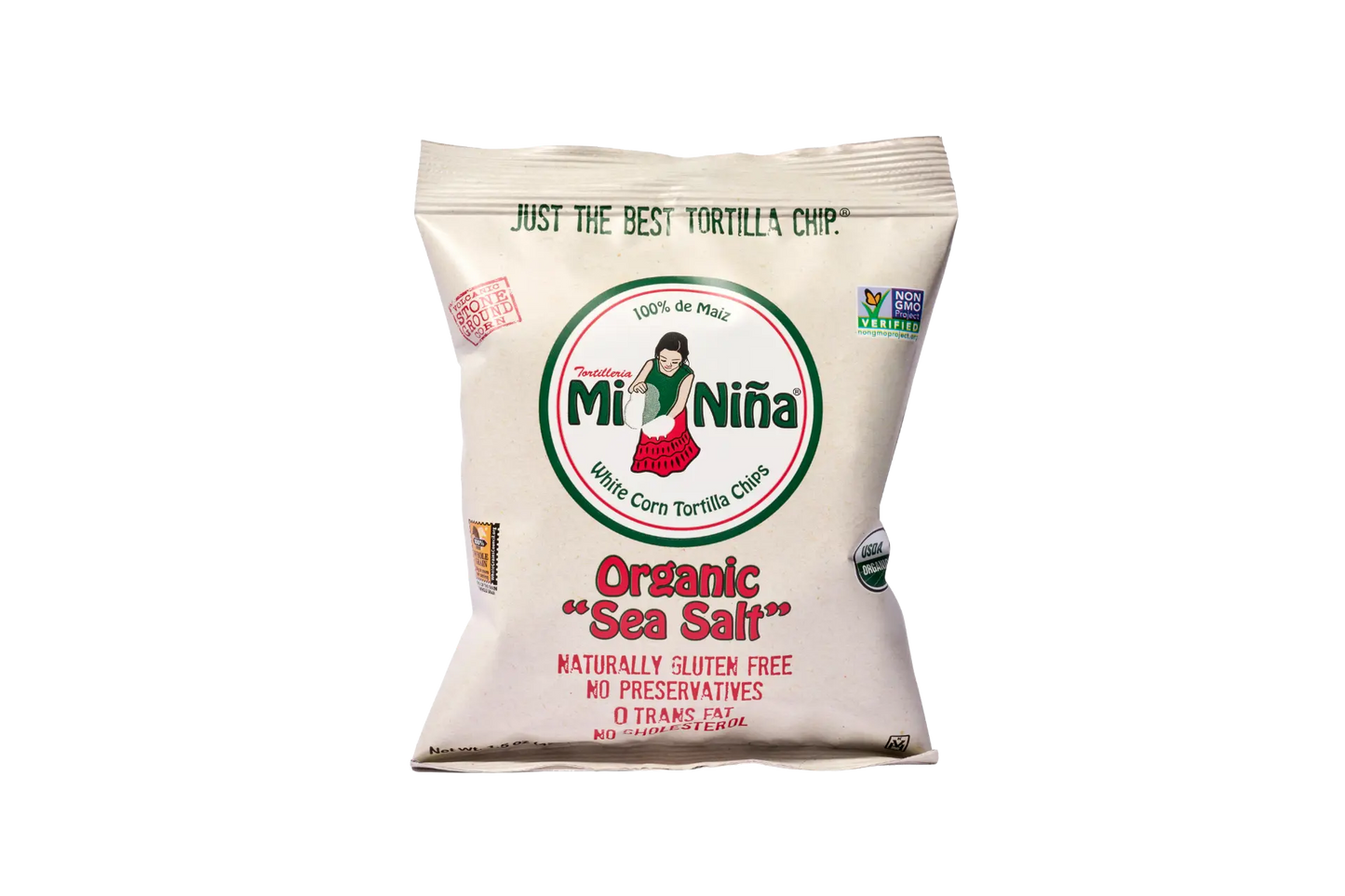 A bag of Mi Niña Tortilla Organic “Sea Salt” White Corn Tortilla Chips (1.5 oz, 24 Pack), gluten free, non-GMO, preservative-free, and made from white corn. Features a logo with a girl.