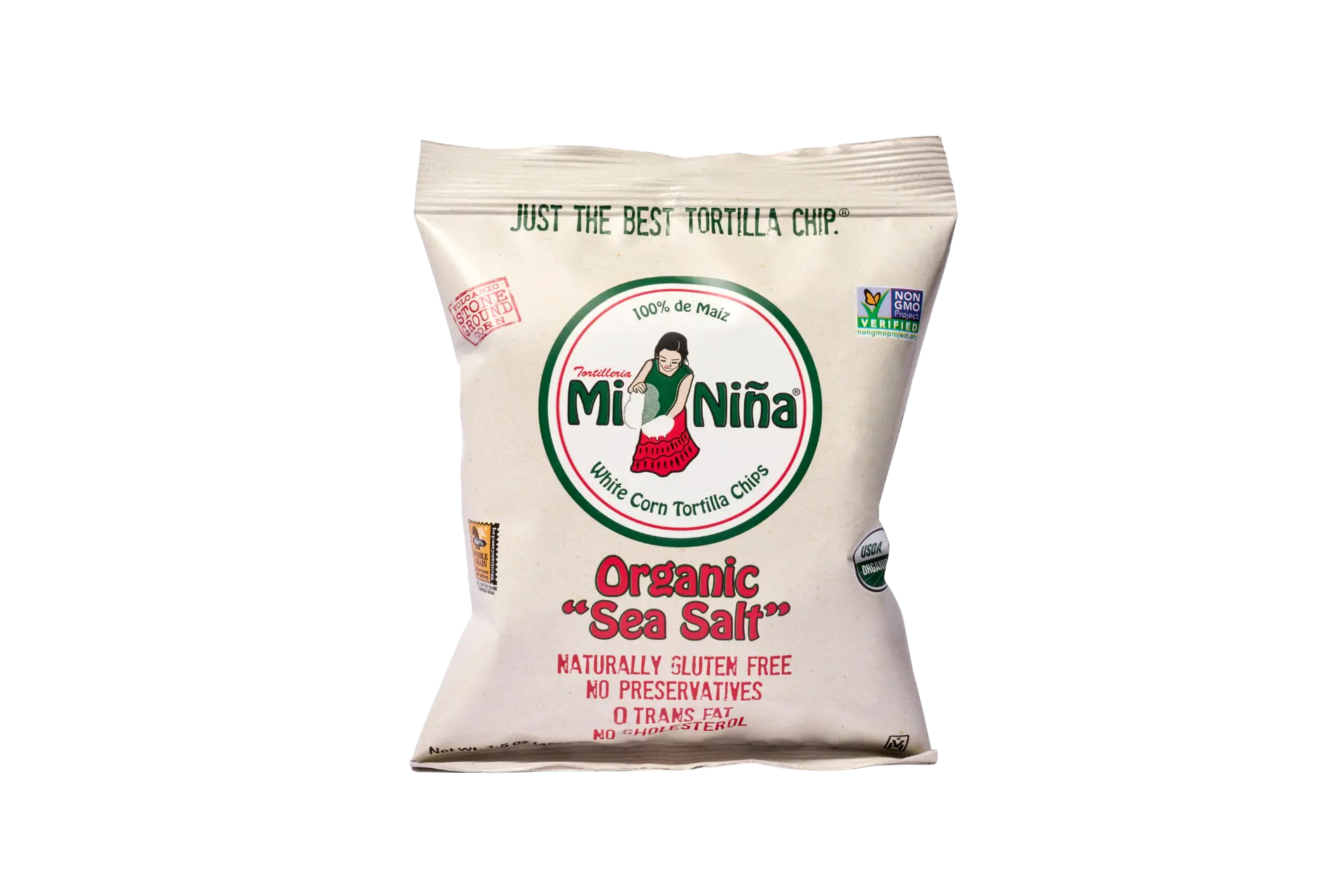 A bag of Mi Niña Tortilla Organic “Sea Salt” White Corn Tortilla Chips (1.5 oz, 24 Pack), gluten free, non-GMO, preservative-free, and made from white corn. Features a logo with a girl.
