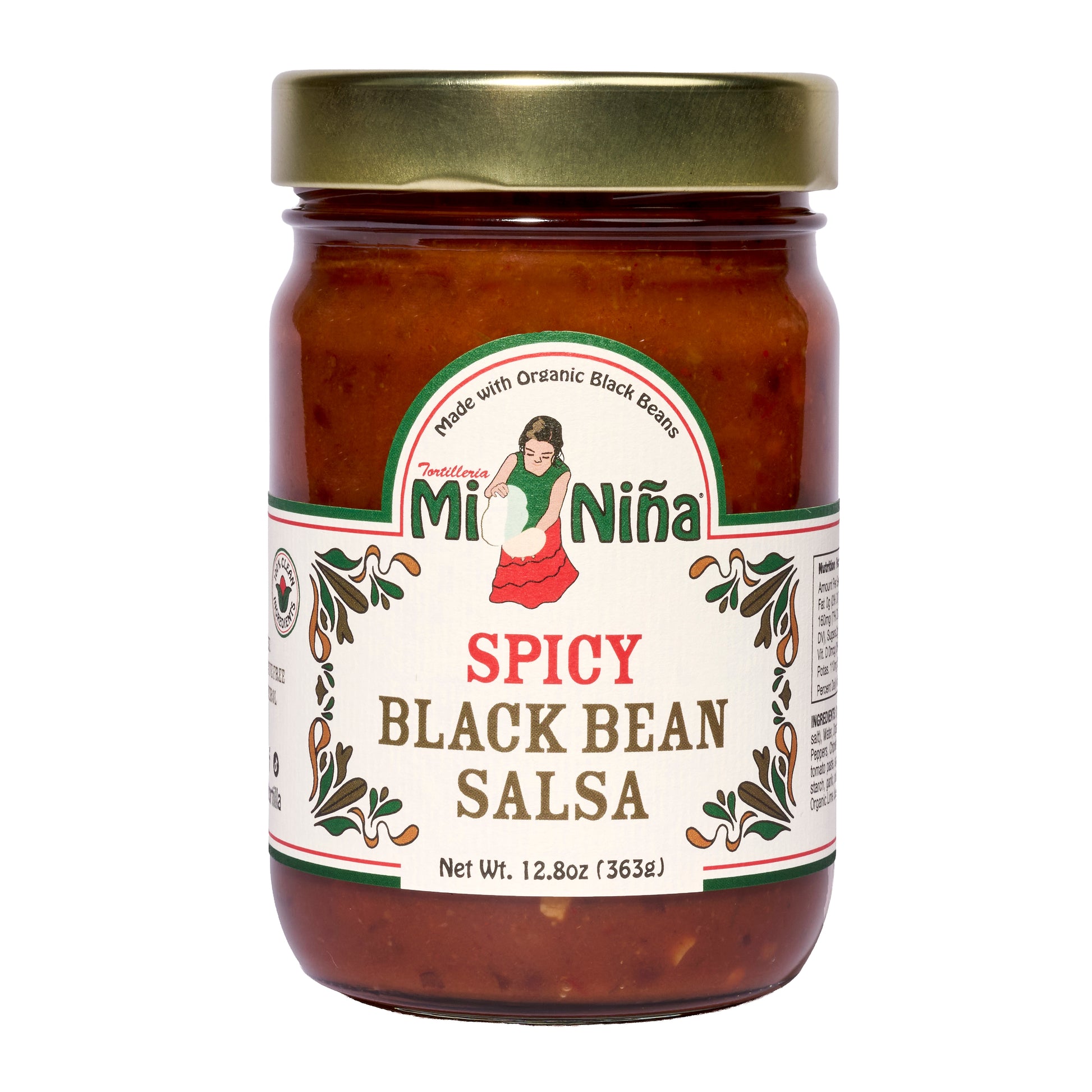A 6 pack of Mi Niña Tortilla Spicy Black Bean Salsa, 12.8 oz jars with gold lids, each featuring a woman in traditional dress, green and red text, and decorative designs.