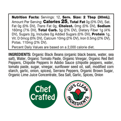 Nutrition facts and ingredients list for Mi Niña Tortilla Spicy Black Bean Salsa – 6 Pack / 12.8 oz. Displayed in bold black text on a clean white background, this jar boasts 100% Clean Ingredients and highlights essential nutritional information, serving size details, and a comprehensive ingredient list.