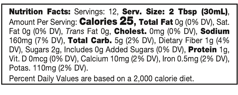 Nutrition facts for Spicy Black Bean Salsa – 6 Pack / 12.8 oz