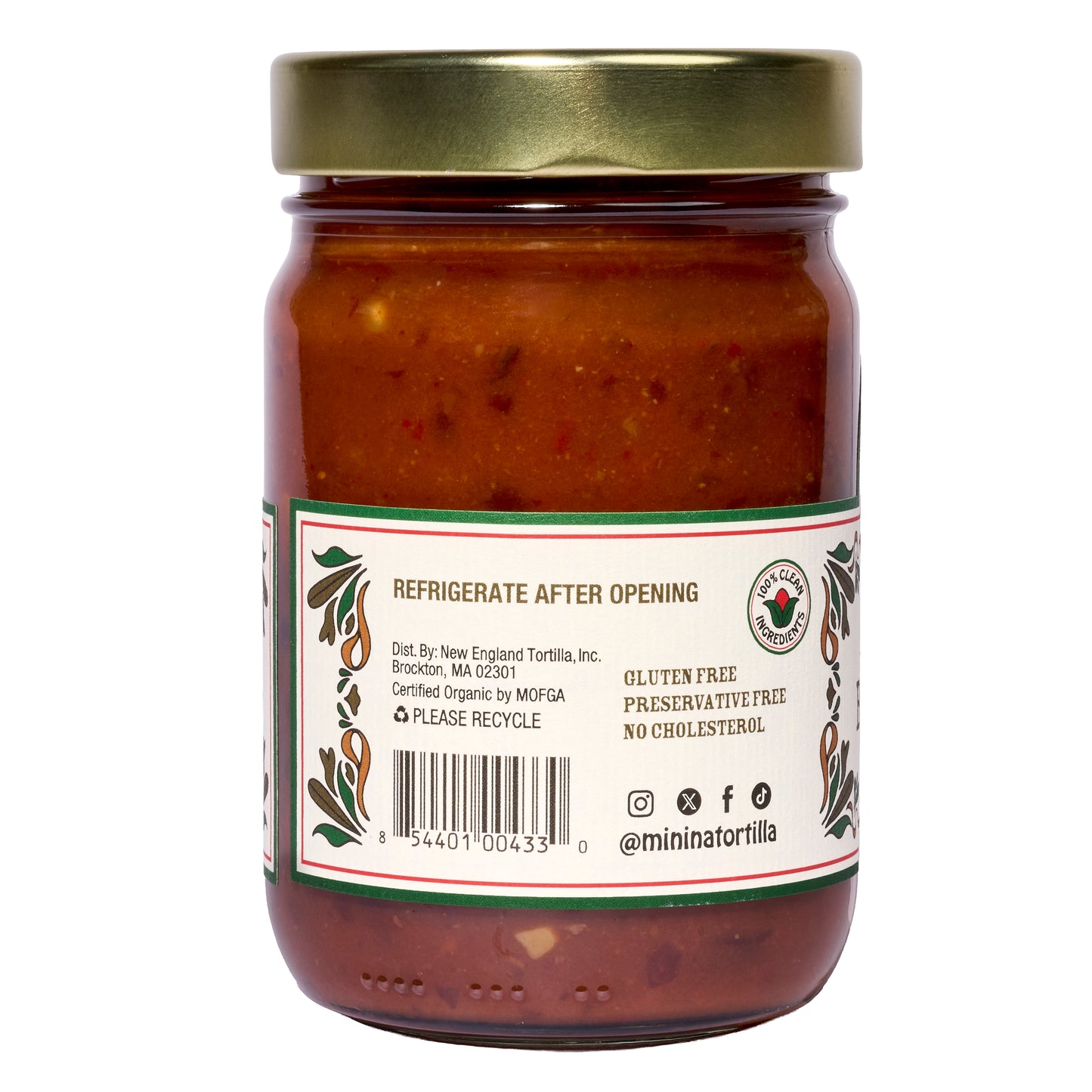 Mi Niña Tortilla Spicy Black Bean Salsa comes in a 12.8 oz glass jar with a gold lid, labeled with ingredients, barcodes, social media, and notes: “Refrigerate after opening,” “Gluten free,” “Preservative free,” and “No cholesterol.” Sold in 6 packs.