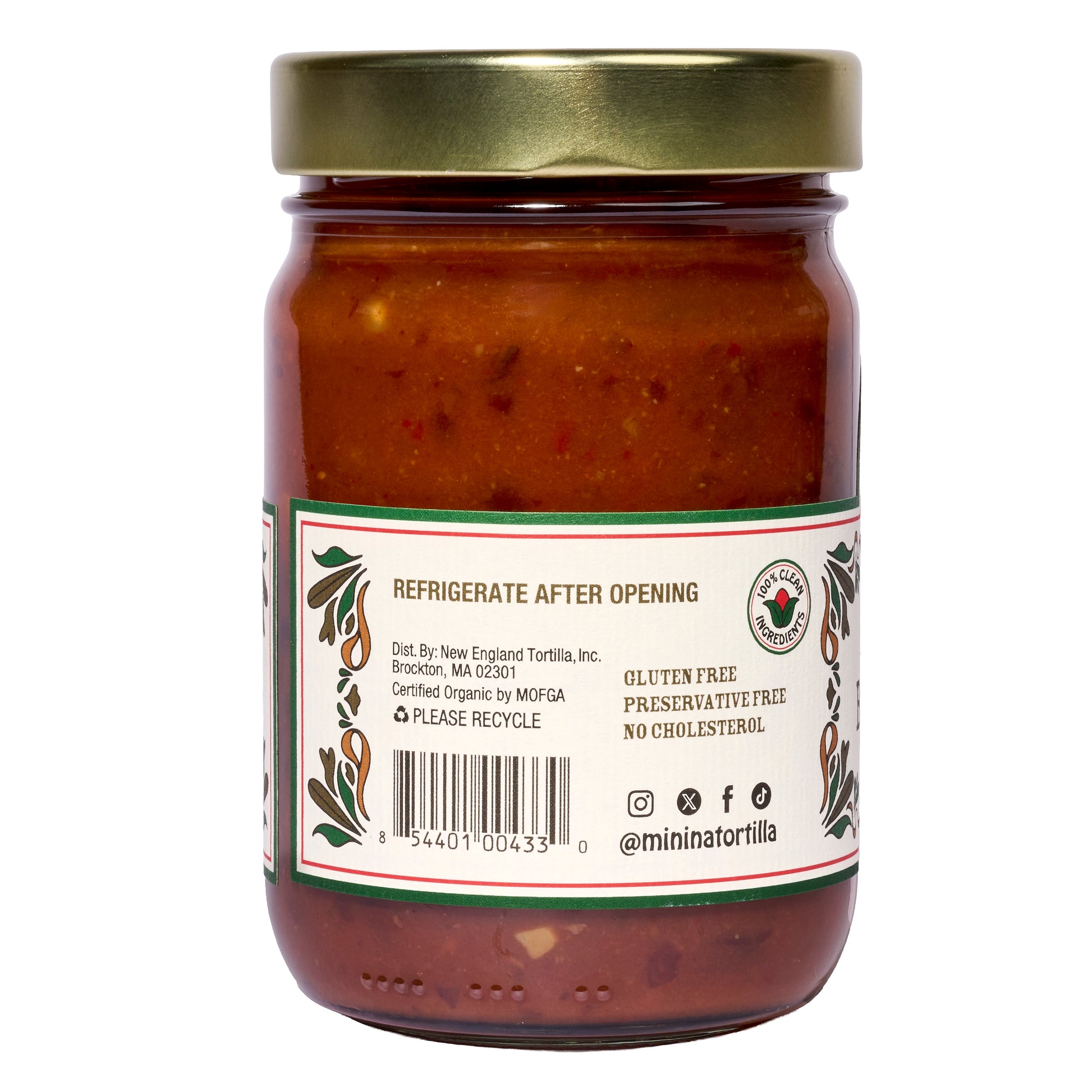 Mi Niña Tortilla Spicy Black Bean Salsa comes in a 12.8 oz glass jar with a gold lid, labeled with ingredients, barcodes, social media, and notes: “Refrigerate after opening,” “Gluten free,” “Preservative free,” and “No cholesterol.” Sold in 6 packs.